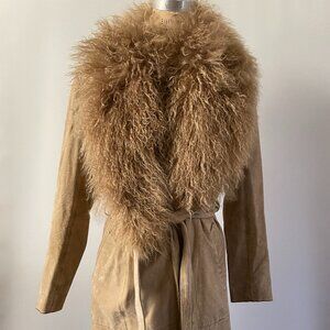 Vintage 2000s y2k Heart Moon Star Suede Leather Mongolian Fur Trenchcoat Duster